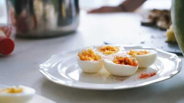 sliced hard boiled eggs on plate